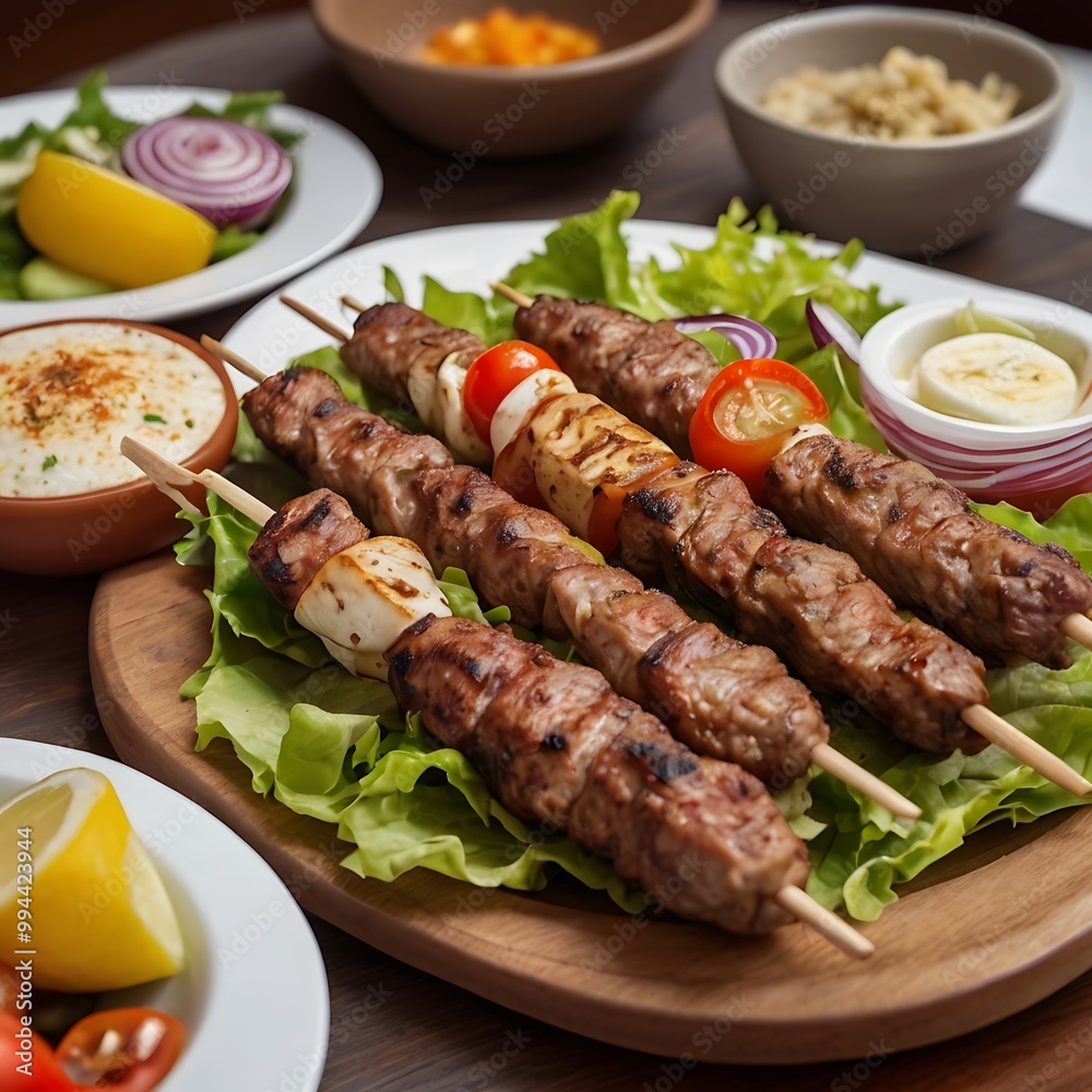 Delicious fresh Kebab assortment Served with some salad, grilled chicken skewers with a side of grilled vegetables, grilled kebab with couscous and vegetables Delicious fresh Kebab assortment Served with some salad, grilled chicken skewers with a side of grilled vegetables, grilled kebab with couscous and vegetables