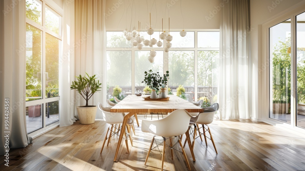 Fototapeta premium A well-decorated dining room with large windows letting in abundant natural light, adorned with plants and a spacious wooden table, creating an inviting atmosphere.