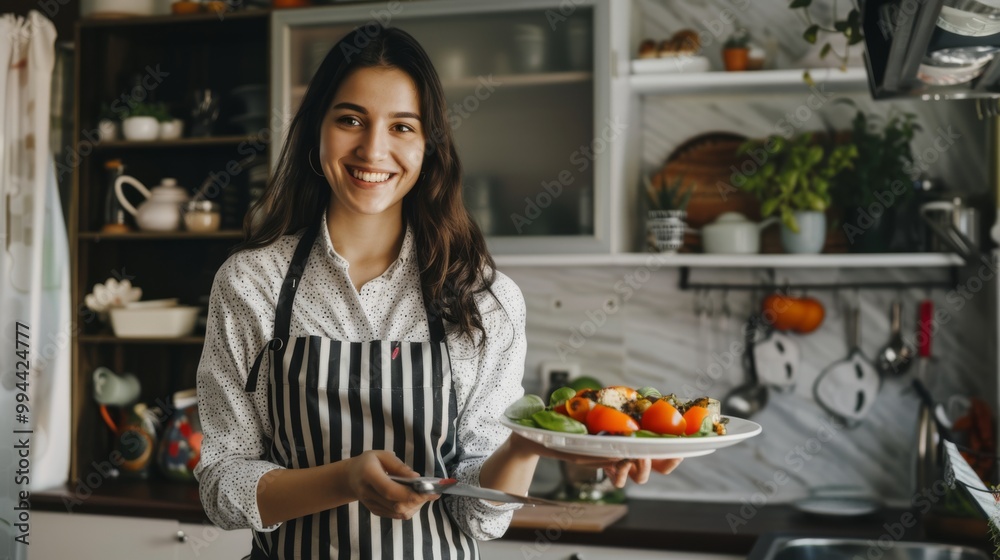 A young woman in a striped apron proudly presents a beautifully arranged salad in a cozy, modern kitchen, her warm smile highlighting her culinary skills. A young woman in a striped apron proudly presents a beautifully arranged salad in a cozy, modern kitchen, her warm smile highlighting her culinary skills.