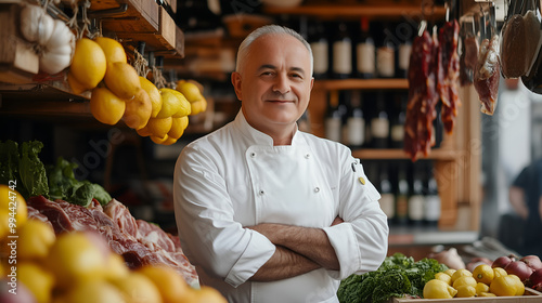 A professional chef in a bustling market filled with fresh ingredients. White uniform, variety of produce, meats, and herbs. Expertise, passion for culinary arts photo