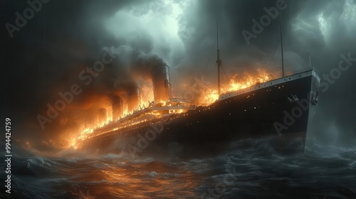 historic depiction of the sinking of the rms titanic illustrating the tragic event with dramatic lighting and emotional depth capturing the gravity of this maritime disaster photo