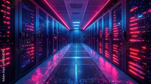 hightech server room filled with intricate network cables switches and fiber optic equipment presenting a panoramic view of the heart of modern connectivity and data management