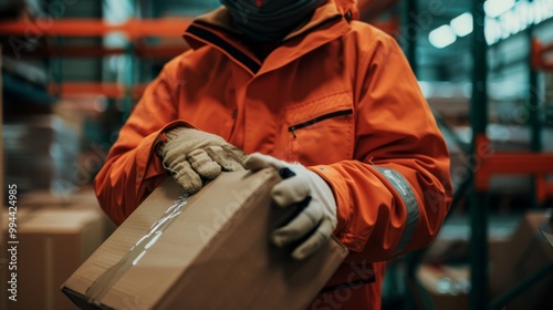 A worker in an orange jacket organizes small packages on shelves in a dimly lit warehouse with a focused and meticulous approach.