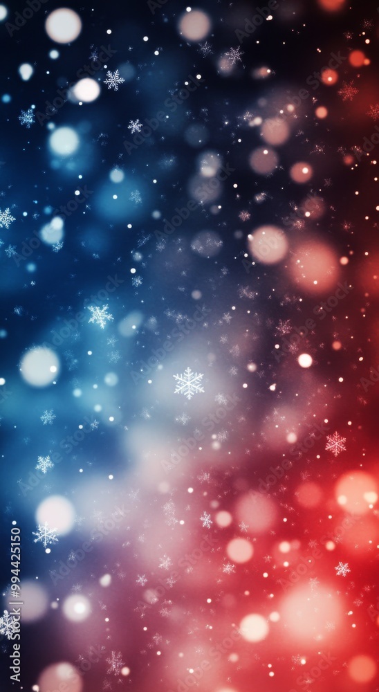 Obraz premium A vibrant display of blue and red bokeh with snowfall creating a festive atmosphere