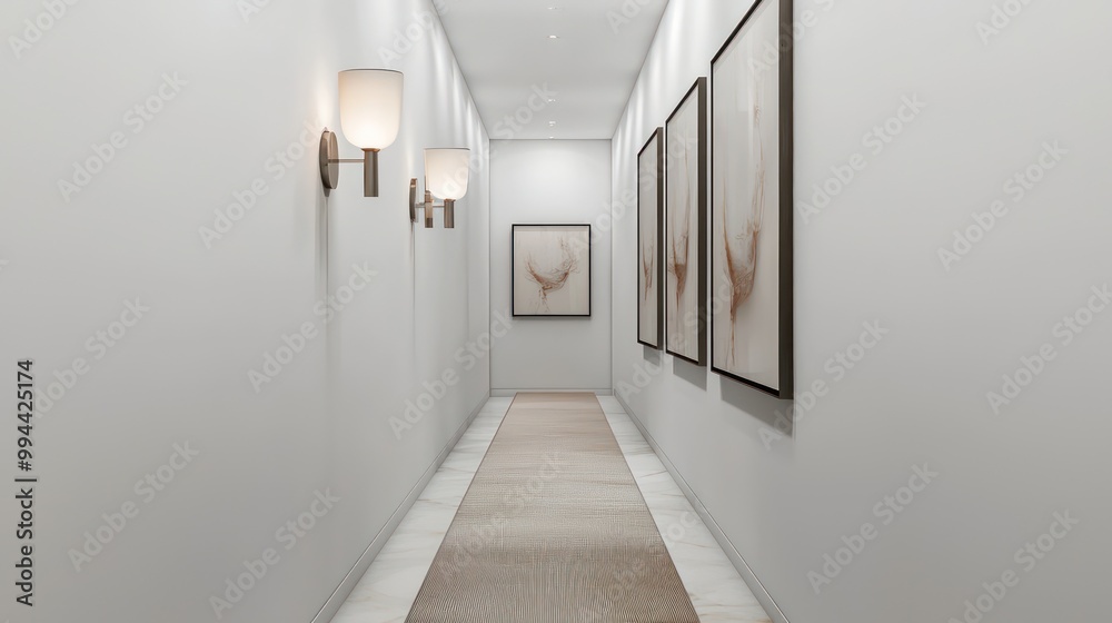 A minimalist hallway featuring a long, narrow runner rug, sleek wall sconces, and framed abstract art on a stark white wall The design is both welcoming and functional A minimalist hallway featuring a long, narrow runner rug, sleek wall sconces, and framed abstract art on a stark white wall The design is both welcoming and functional