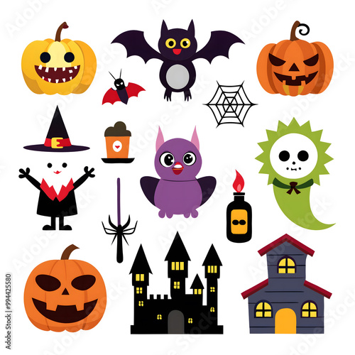 Flat halloween element collection on white background AI generated