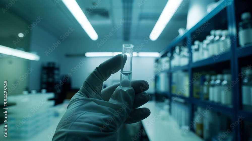A gloved hand holds up a small vial in a well-lit laboratory, representing scientific research, precision, and meticulous examination within a clinical setting. A gloved hand holds up a small vial in a well-lit laboratory, representing scientific research, precision, and meticulous examination within a clinical setting.