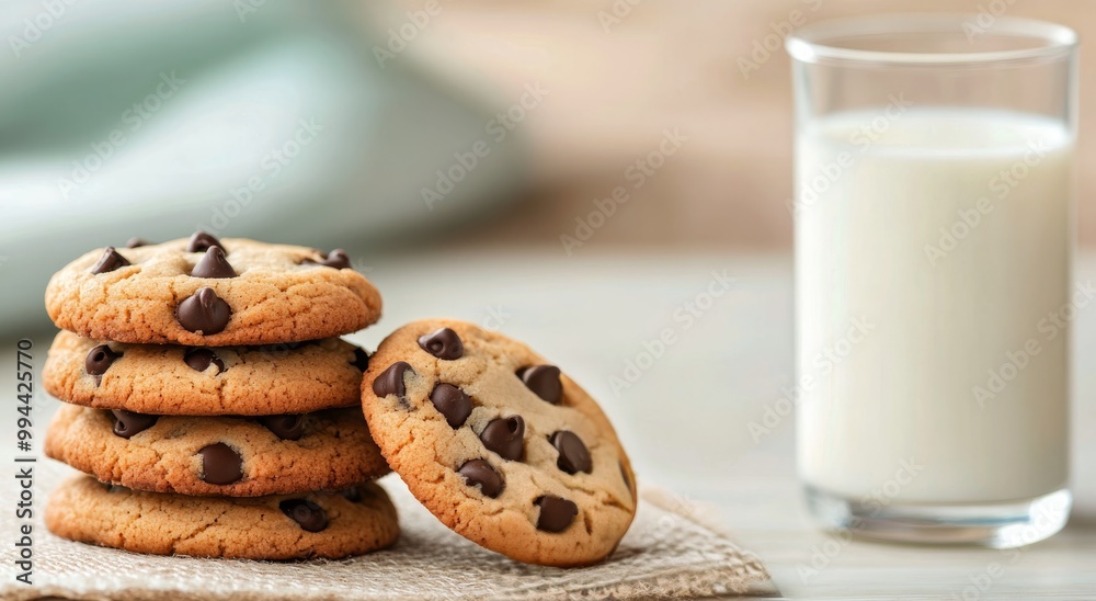 Freshly baked chocolate chip cookies stacked beside a glass of milk on a wooden table