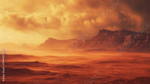Martian Landscape with Red Sand and Orange Clouds