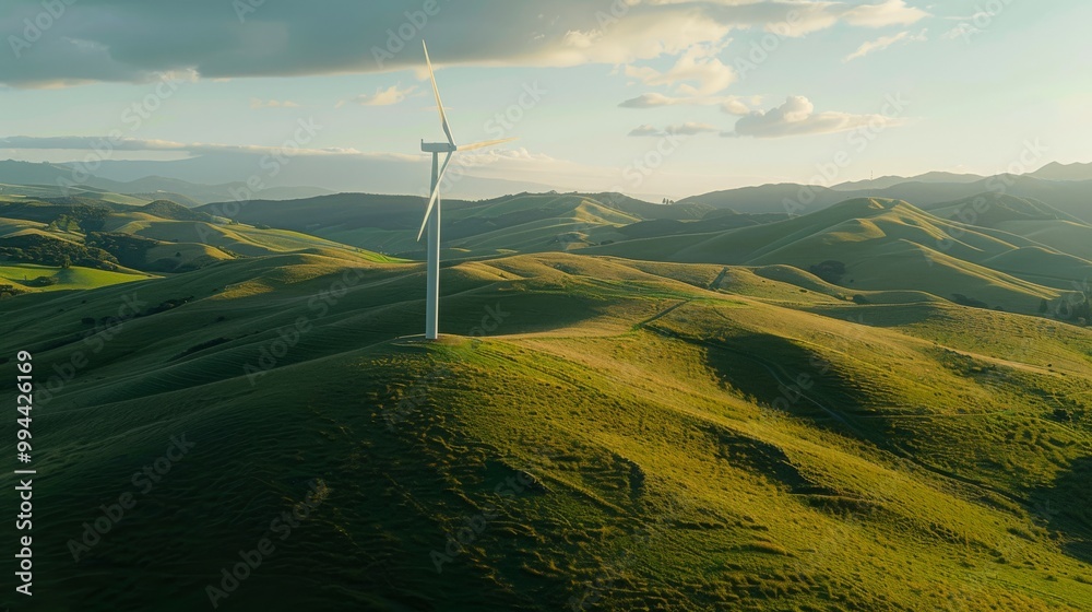A solitary wind turbine stands tall against the backdrop of rolling green hills, bathed in the soft glow of evening light. A solitary wind turbine stands tall against the backdrop of rolling green hills, bathed in the soft glow of evening light.