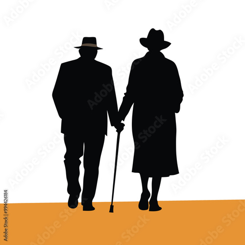 an elderly couple walking together. The couple is facing each other and the man is holding a cane. vector silhouette, 