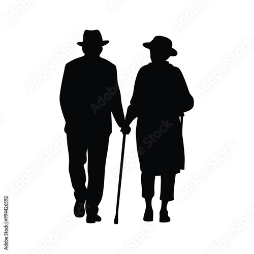 an elderly couple walking together. The couple is facing each other and the man is holding a cane. vector silhouette, 