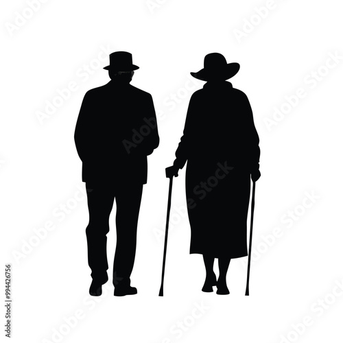 an elderly couple walking together. The couple is facing each other and the man is holding a cane. vector silhouette, 