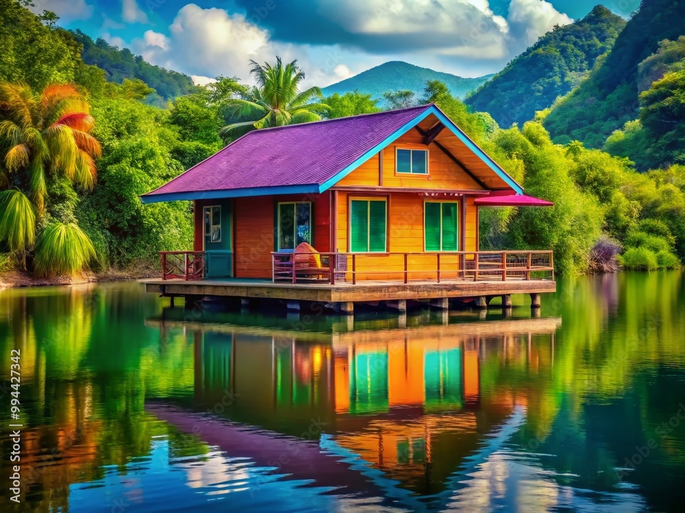 Fototapeta premium Serene Floating House Surrounded by Tranquil Water and Lush Greenery in a Picturesque Landscape