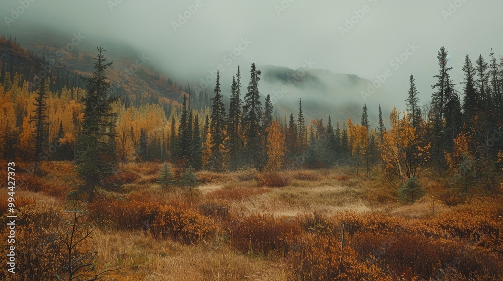 A vast, misty forest of golden autumn hues merges into distant, shadowy mountains under a brooding sky. A vast, misty forest of golden autumn hues merges into distant, shadowy mountains under a brooding sky.