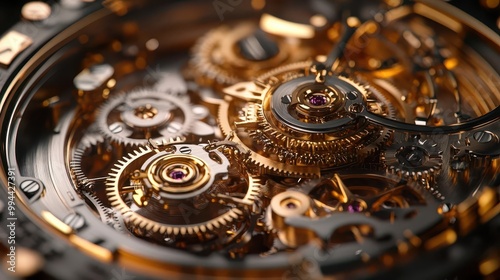 intricate closeup of swiss watch gears showcasing the elegance of craftsmanship with gleaming metallic surfaces and precise engineering details photo