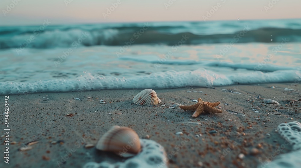 Starfish and seashells rest on wet sand as gentle waves approach in the soft twilight, creating a tranquil, coastal scene at dusk. Starfish and seashells rest on wet sand as gentle waves approach in the soft twilight, creating a tranquil, coastal scene at dusk.