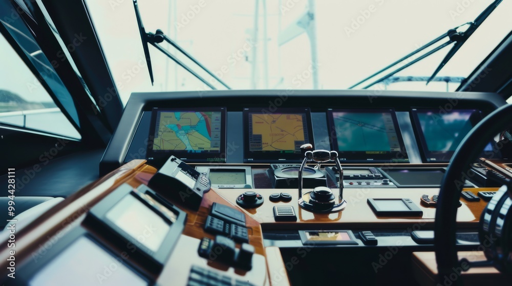 The sophisticated cockpit of a ship filled with advanced navigational and communication equipment, reflecting the precision and technology of modern maritime navigation. The sophisticated cockpit of a ship filled with advanced navigational and communication equipment, reflecting the precision and technology of modern maritime navigation.