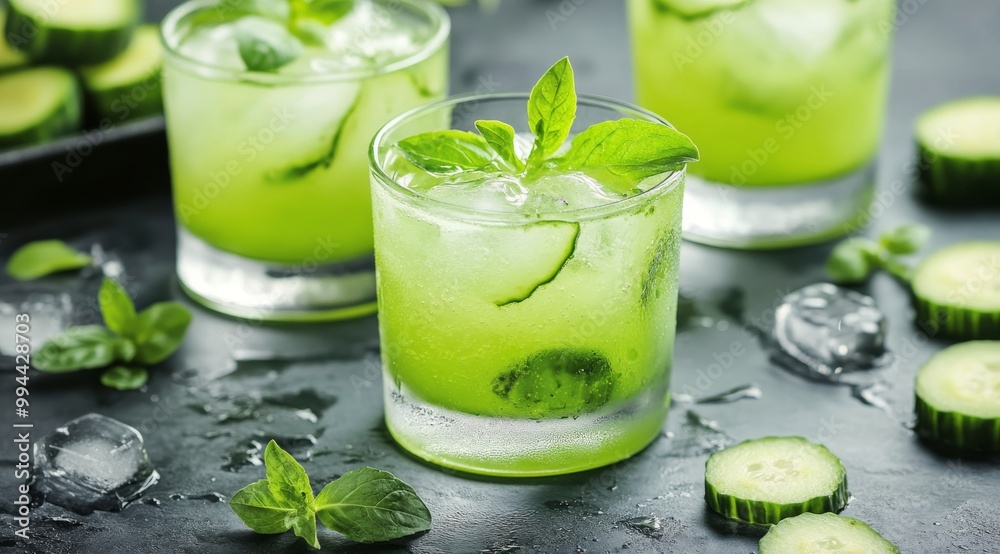 Refreshing cucumber mint drinks garnished with mint leaves and ice on a dark background