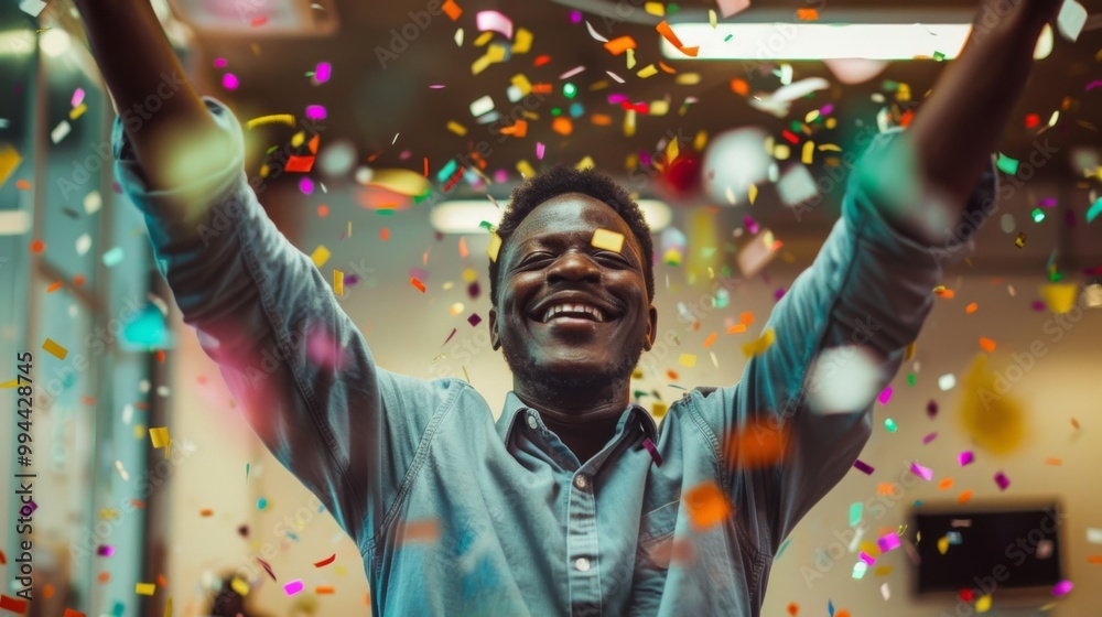 Obraz premium A joyful man with arms raised celebrates amidst vibrant confetti falling around him, radiating happiness and energy in a lively atmosphere.