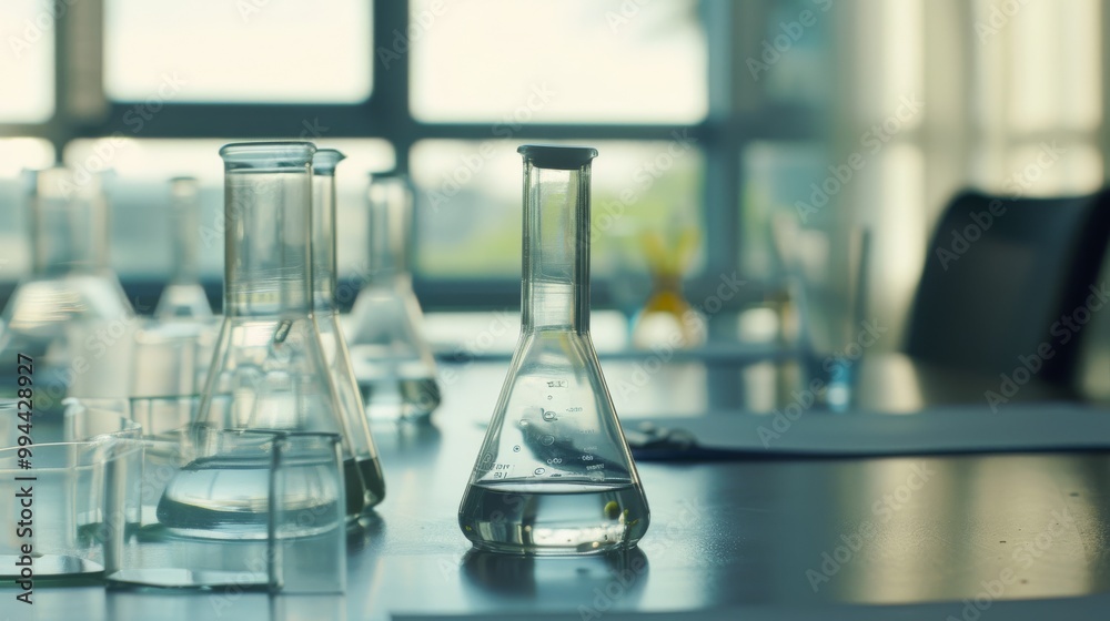 A laboratory table with various glass beakers and flasks partially filled with liquid, illuminated by soft, natural light from a nearby window.