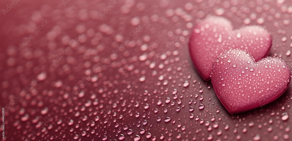 Two pink hearts on a wet surface with water droplets, ideal for romance and love occasions Two pink hearts on a wet surface with water droplets, ideal for romance and love occasions