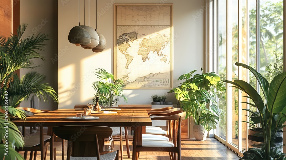 Obraz premium Chic botanical dining room boasts wooden furnishings, lush plants, ample natural light, a poster map, and sophisticated accents, reflecting modern home decor trends. 