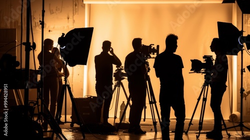 Silhouetted film crew working against a warm, illuminated backdrop, capturing the behind-the-scenes intensity and creativity. photo