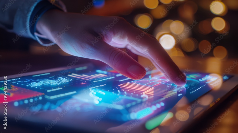 A person’s hand delicately touches a colorful tablet display filled with data analytics, evoking the blend of technology and user interaction in the digital age. A person’s hand delicately touches a colorful tablet display filled with data analytics, evoking the blend of technology and user interaction in the digital age.