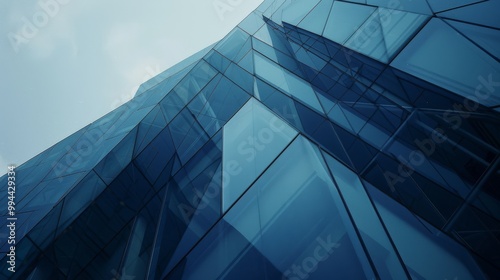 Dramatic perspective of a modern, angular glass skyscraper, capturing its reflective surfaces and geometric design elements.