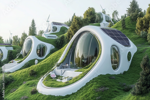 Green rooftops and solar-powered futuristic homes photo