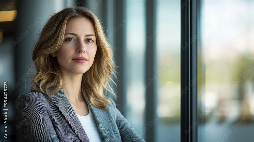 Businesswoman in a modern office setting gazes thoughtfully out a large window on a sunny day Businesswoman in a modern office setting gazes thoughtfully out a large window on a sunny day