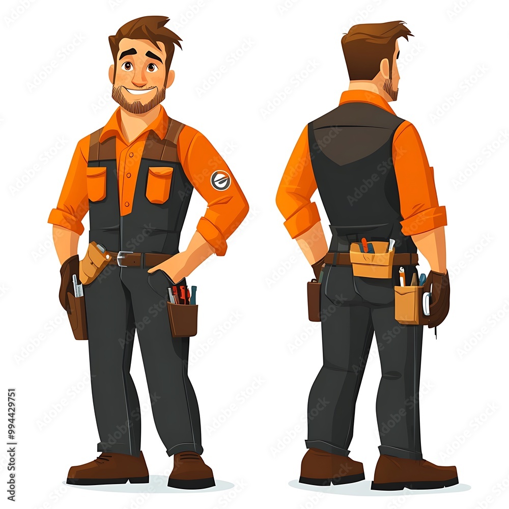 Smiling handyman cartoon character with tools, front and back view, for repair, maintenance, construction, and service illustrations Smiling handyman cartoon character with tools, front and back view, for repair, maintenance, construction, and service illustrations