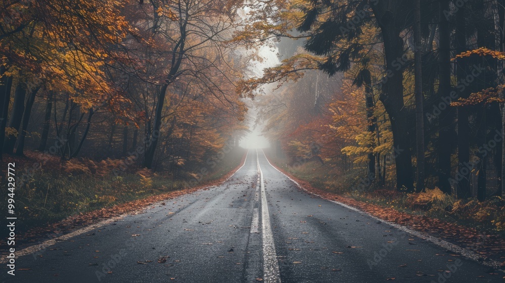 Fototapeta premium An empty, misty road through a dense forest, showcasing vibrant fall colors with leaves carpeting the sides, giving an ethereal, serene atmosphere.