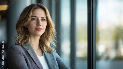 Free Download Businesswoman in a modern office setting gazes thoughtfully out a large window on a sunny day - GFXLoad