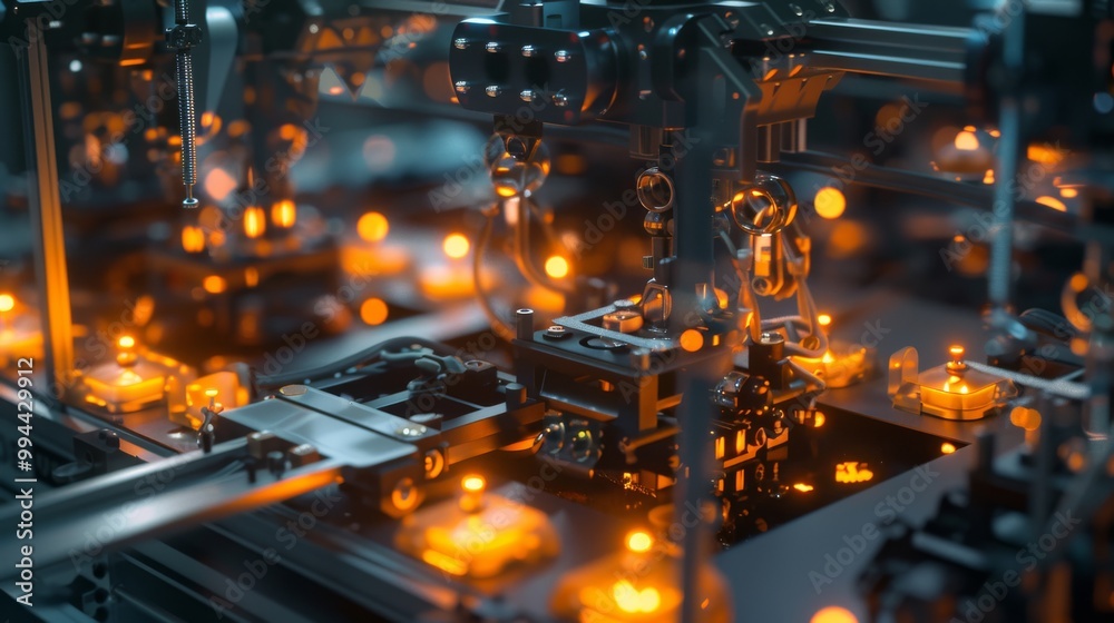 Intricate machinery at work in a factory with glowing orange lights, showcasing the precision and complexity of industrial technology.