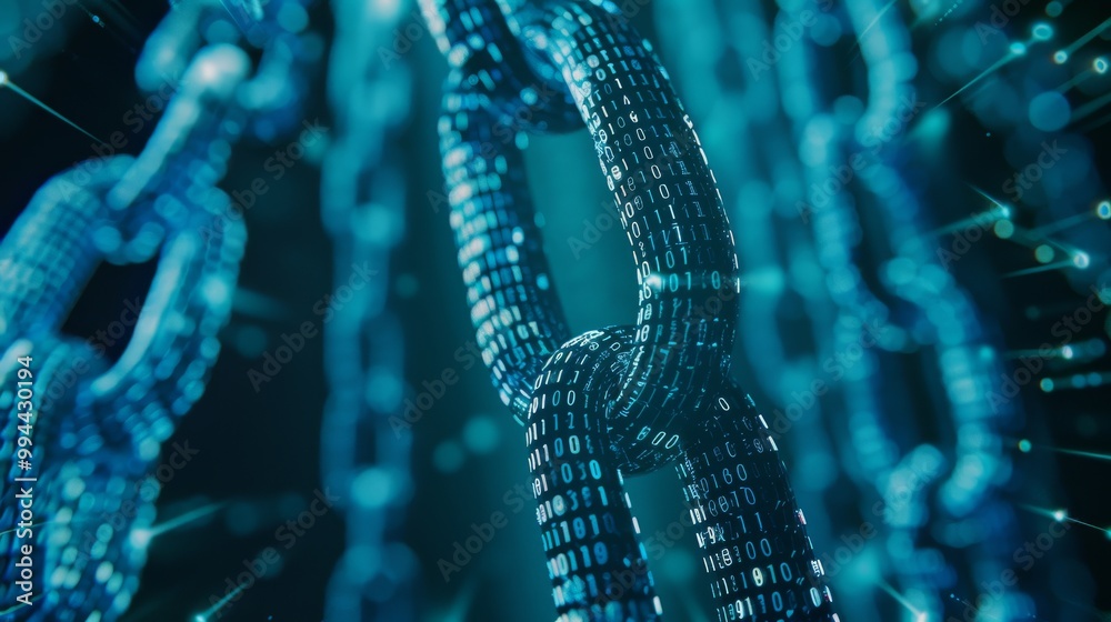 Digital chains intertwined, representing connections and the strength of blockchain technology in a modern, abstract setting. Digital chains intertwined, representing connections and the strength of blockchain technology in a modern, abstract setting.