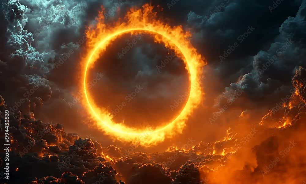 A fiery circular phenomenon amidst dramatic clouds. A fiery circular phenomenon amidst dramatic clouds.