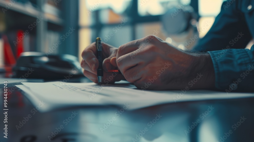 A detailed view of hands composing or signing important documents, with a busy office setting in the background. A detailed view of hands composing or signing important documents, with a busy office setting in the background.