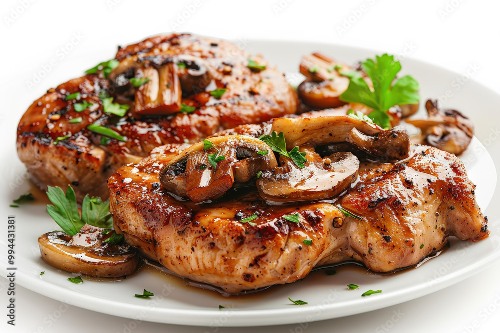 Grilled Pork Chops with Mushrooms on a Plate Grilled Pork Chops with Mushrooms on a Plate