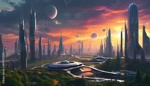 Visionary urban skyline of tomorrow with sleek skyscrapers and advanced technology