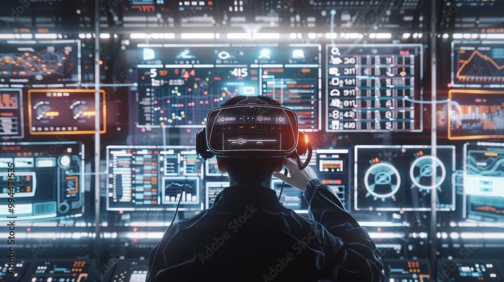 A person wearing a VR headset operates a sophisticated digital control interface, demonstrating the interface between virtual and actual reality.