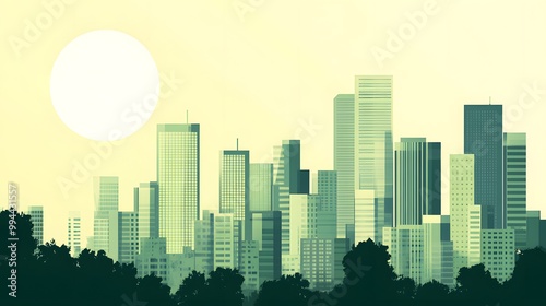 A flat illustration of an urban skyline made up entirely of green buildings, set against the backdrop of a pale sky with large white circles