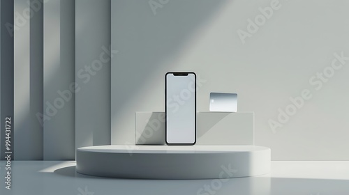 3d smartphone on blue cube podium floating on white copy space background. Realistic mobile phone with blank white screen. Minimal studio. ​Monotone pedestal mockup space for display app. 3d rendering