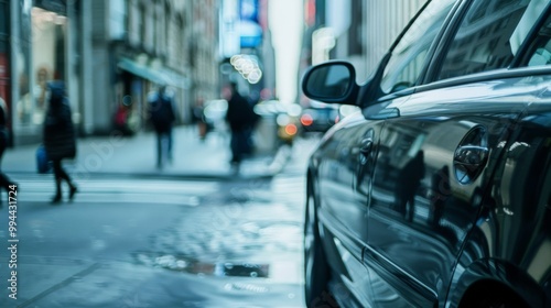 A sleek black car in focus with a bustling urban street and pedestrians in the background, capturing city life. photo