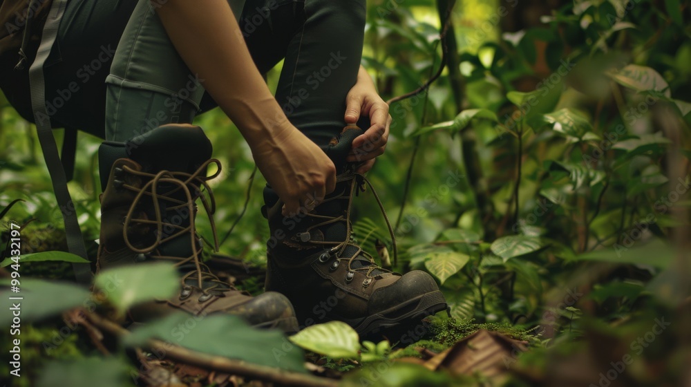 A person ties their hiking boots, surrounded by dense forest foliage, getting ready for an outdoor adventure. A person ties their hiking boots, surrounded by dense forest foliage, getting ready for an outdoor adventure.
