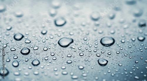 Close-up of water droplets on a smooth surface in natural light during a rainy day