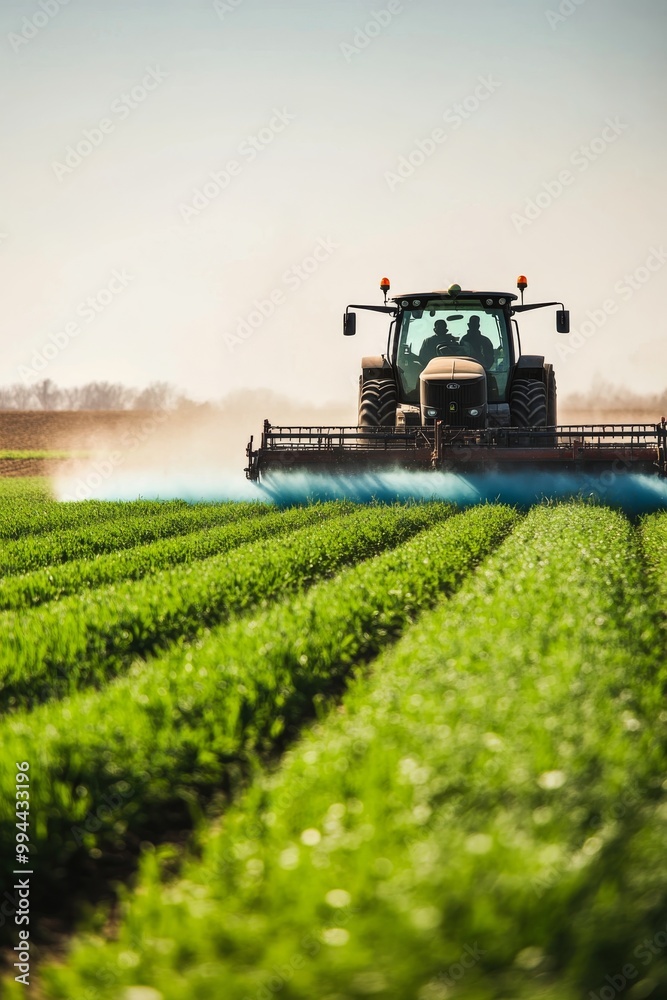 Tractor spraying fertilizer on a lush green field during sunny weather in the countryside Tractor spraying fertilizer on a lush green field during sunny weather in the countryside