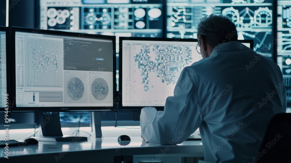 A scientist in a high-tech lab, analyzing data on multiple computer screens filled with complex graphs and information. A scientist in a high-tech lab, analyzing data on multiple computer screens filled with complex graphs and information.