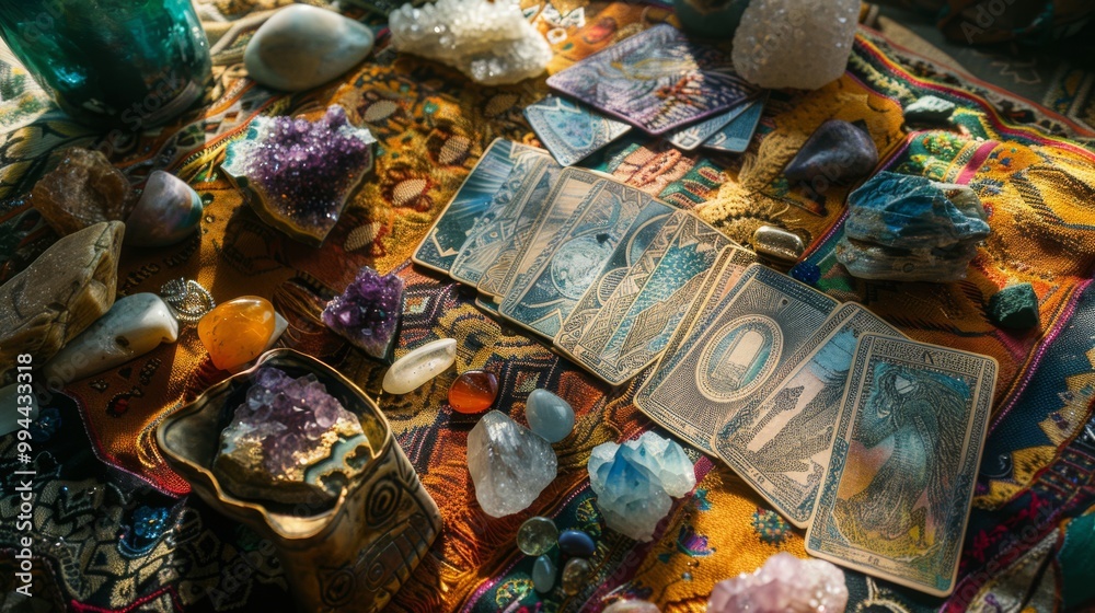 Fototapeta premium Tarot cards spread out on a richly patterned cloth surrounded by various crystals and gemstones, creating a mystical, esoteric ambiance.